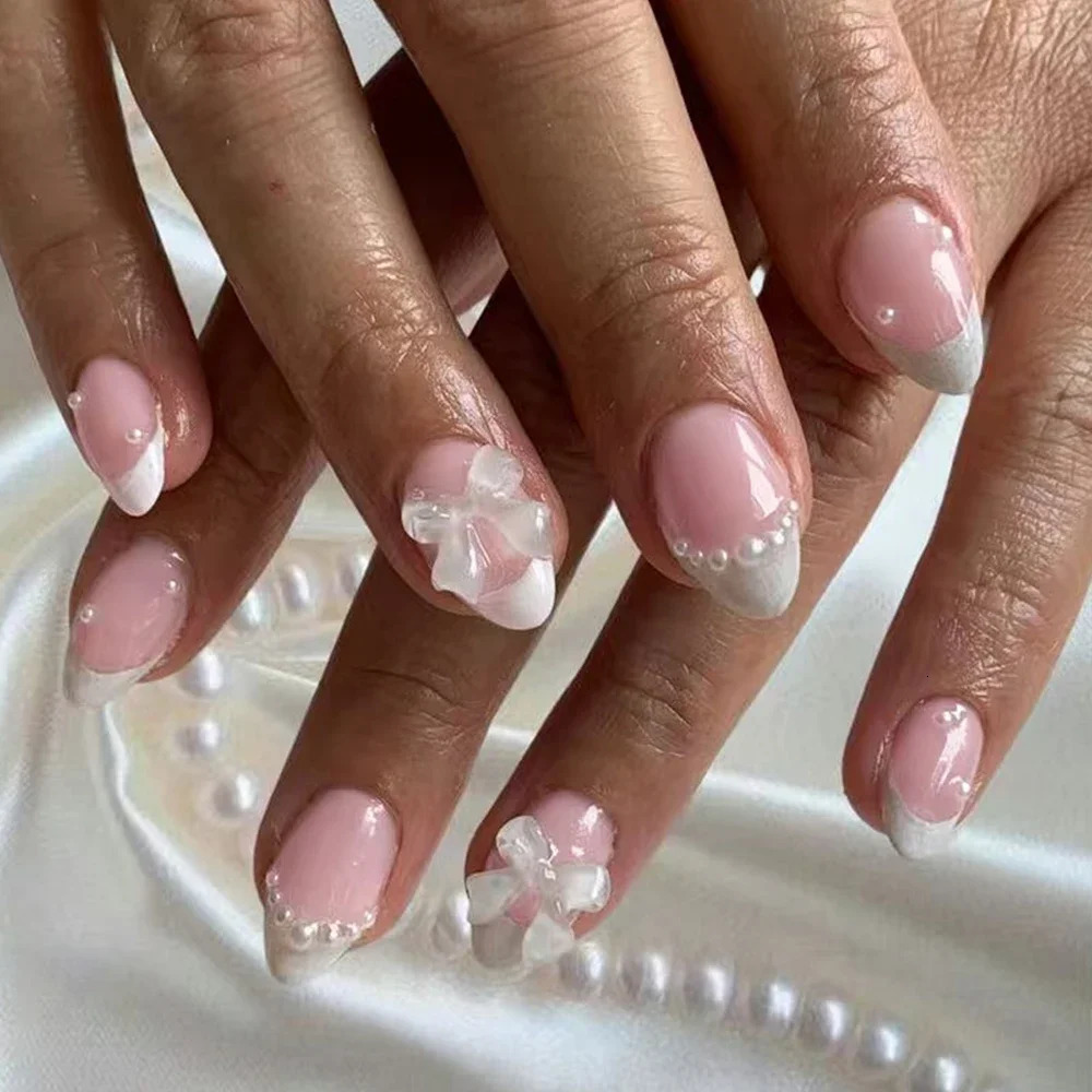 24Pcs Short Oval White French Tip Press On Nails With Pearl Bow Decor Self Adhesive Reusable Acrylic False Nail Sets For Women Daily Nail Art 260922