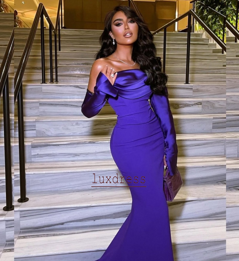 2026 Soft Satin Purple Prom Dresses Women Strapless Long Sleeve Mermaid Evening Party Gowns Vestidos De Festa Customized