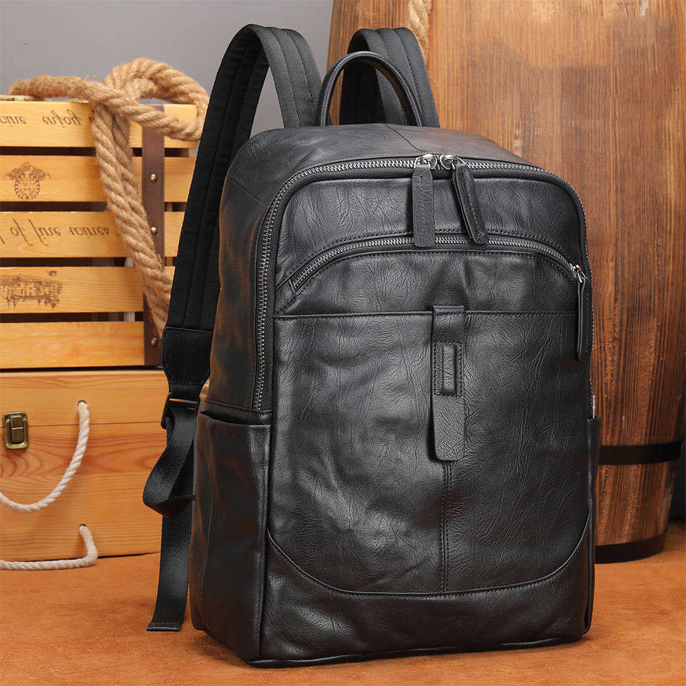 Leather Black Backpack Men Style Backpack Genuine Leather Travel Bag Casual Daypack Fashion Leather School Bags Large Laptop Bag Soft Skin 14"