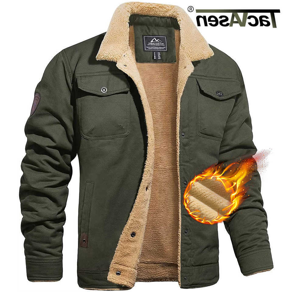 Turn-down Men's TACVASEN Down Parkas Collar Winter Cotton Jackets Mens Sherpa Fleece Trucker Parka Green Work Cargo Coats Clothes Overcoats C26