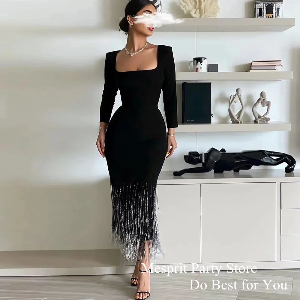 Cocktail Dress Party Gown for Weddings Square Neck Long Sleeve Beading Mermaid Black Evening Dress Saud Arabian 260922