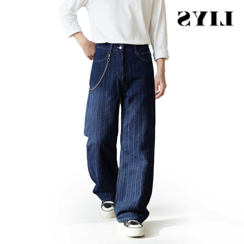 LIYS Men's Jeans Japanese-Korean Style Striped Pair Jacquard Straight Leg Men's Jeans American Retro Striped Business Straight Denim Pants