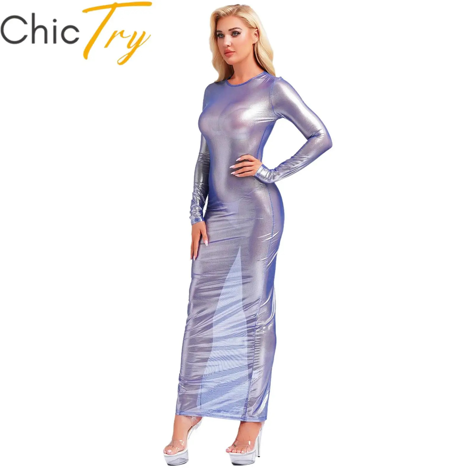 Sexy See-through Long Maxi Beach Dress Women Metallic Glossy Full Sleeve Solid Color Mesh Female Night Party Clubwear Costumes 260922