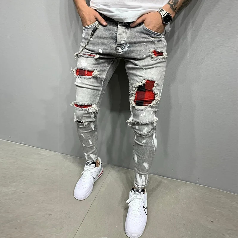 Men's Skinny Ripped Jeans Fashion Grid Hole Endothecium Patches Slim Fit Stretch Casual Denim Pencil Pants Jogging Trousers 260922