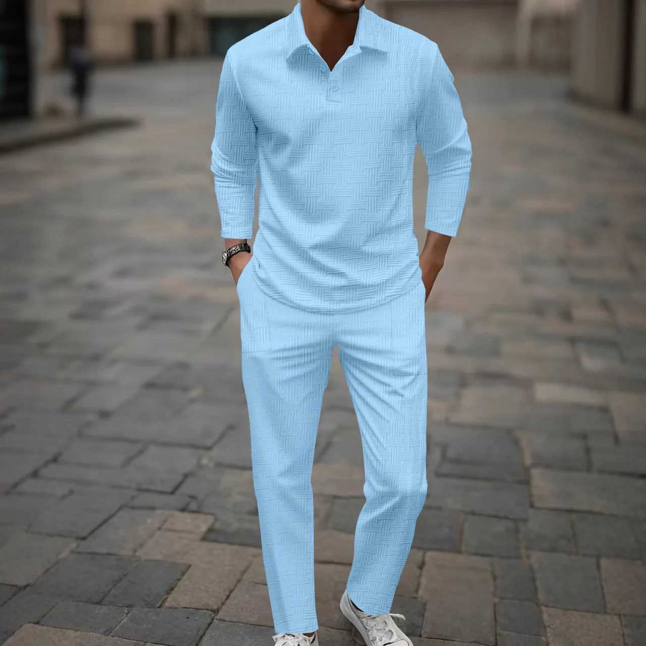 casual Men's Men's Tracksuits jacquard street sports suit men's fashionable solid-color collar comfort shirt + drAWstring pants slim-