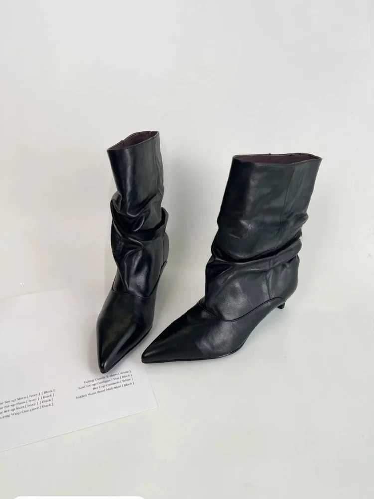 Designer Winter Autumn Boots Fashionable Pointed Toe Foldable Boots Women's Heel Mid-Calf Short Boots Leather Version Sleeve Heel J260922