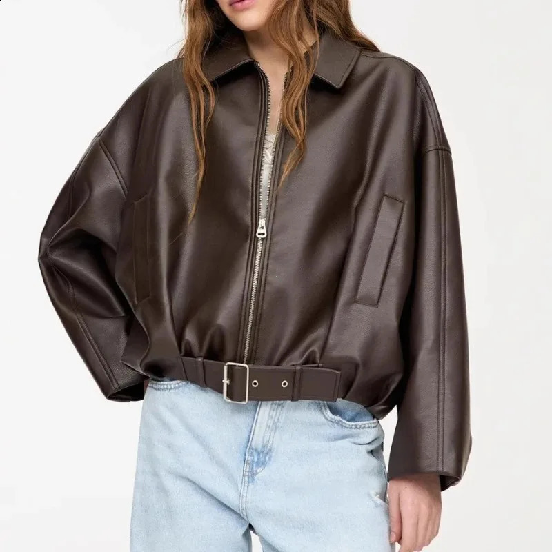 Vintage PU Leather Bomber Jackets Autumn Ladies Zipper Lapel Long Sleeve Pocket Coat With Belt Womens Loose Streetwear 260922