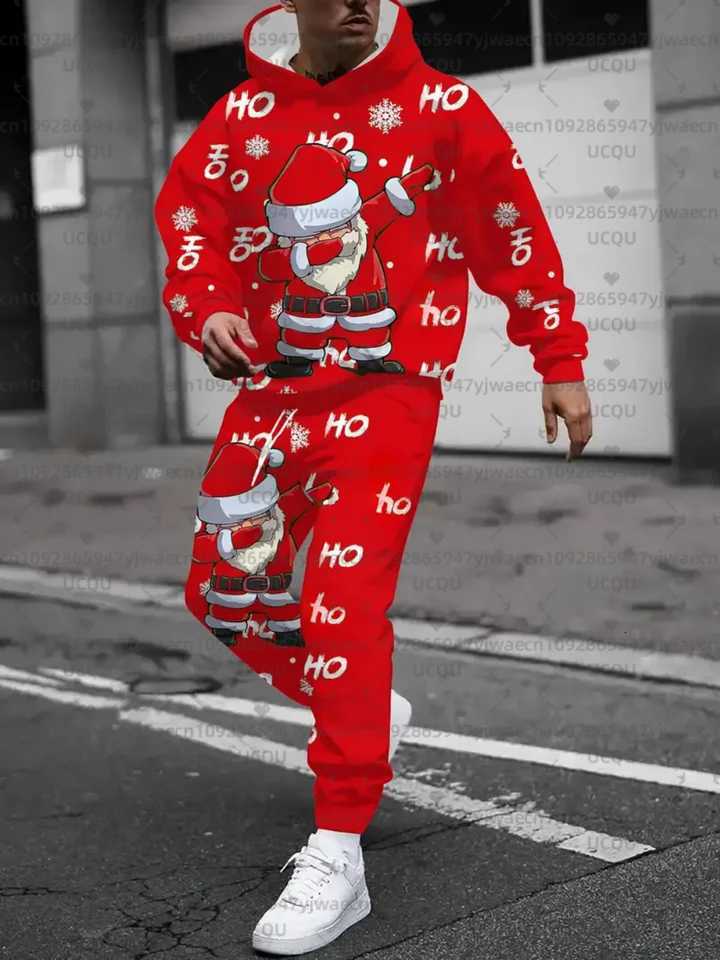 Christmas Men's Tracksuits Men's Santa Claus Hoodie and Pants Set Casual Two-Piece Outfit for Spring/Autumn Long Sleeve T-shirt +Pants J26