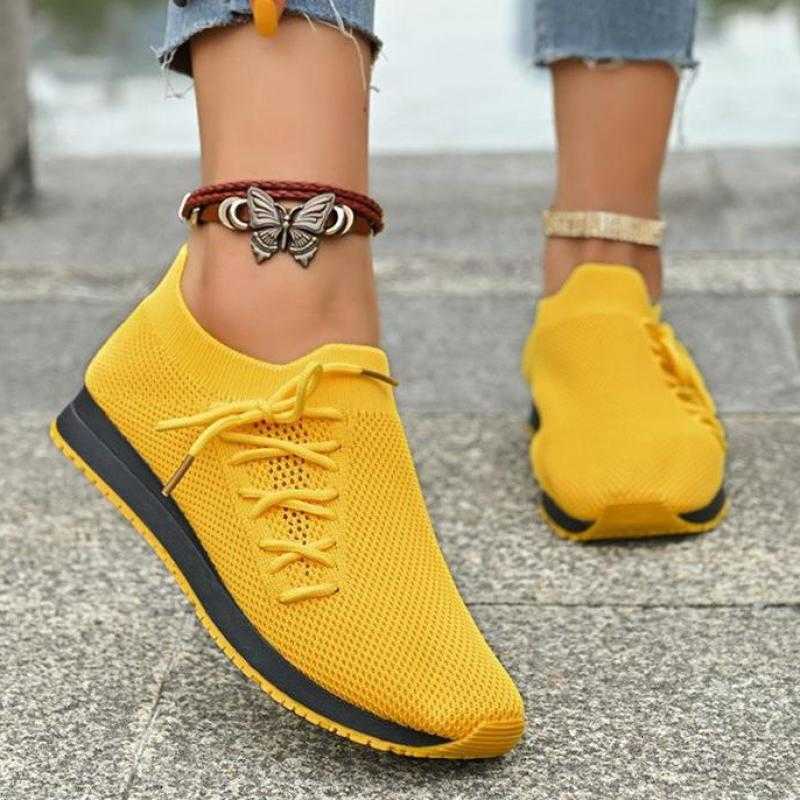 Shoes Yellow Women Casual Casual Shoes Breathable Knitted Women Sneakers Soft Sole Woman Flat Shoes Outdoor Spring Summer Mesh Female Shoes D260922