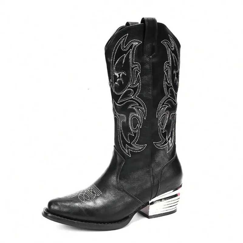Designer Big Size 42 Boots Vintage Black Cowboy Boots Women Retro Embroidery Mid-calf Boots Shoes Square Heels Winter Classic Cowgirls Boots J260922