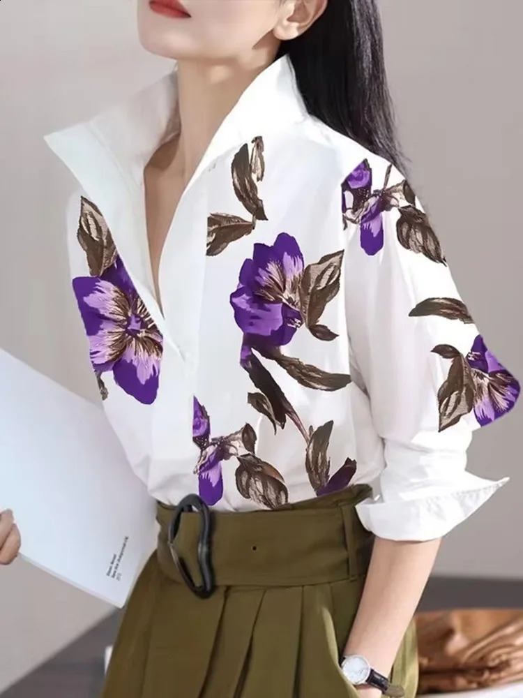 Modigirl Summer Spring Casual White Shirts for Women Long Sleeves Urban Elegant Stand Collar Woman Flower Print Blouse Tops 260921