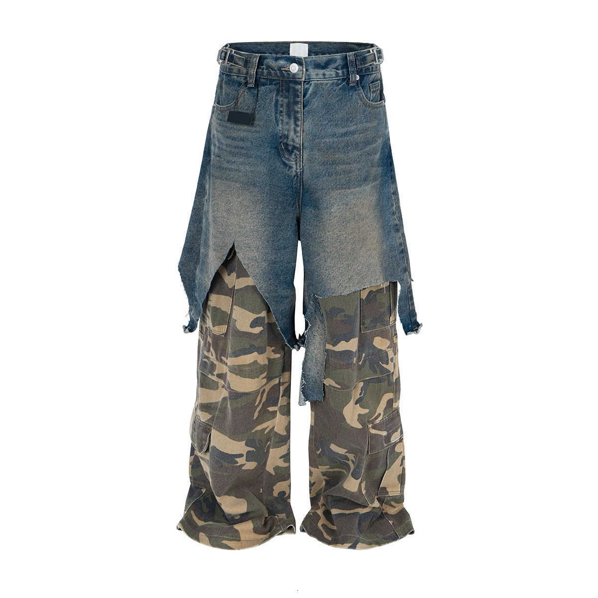 Two Ripped Pieces Patchwork Camouflage Pants for Men Distressed Baggy Wide Leg Loose Denim Trousers S260922JVZV