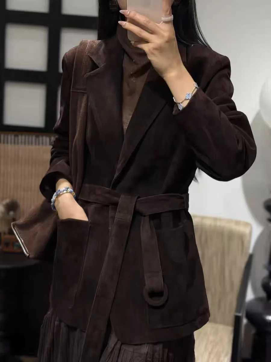 High-end Kid Elegant Suede Leather Jacket for Woman Auburn Square Neck Single Breasted Long Coat with Waistband Female Outwears C260921