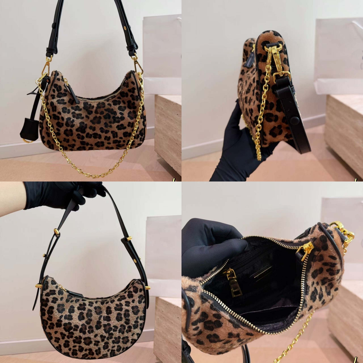 Designer Bags 2026 Trends Arque leopard print pony hair crescent bag gold hardware shoulder bag Hobo for Women 2 straps leopard underarm bag crossbo