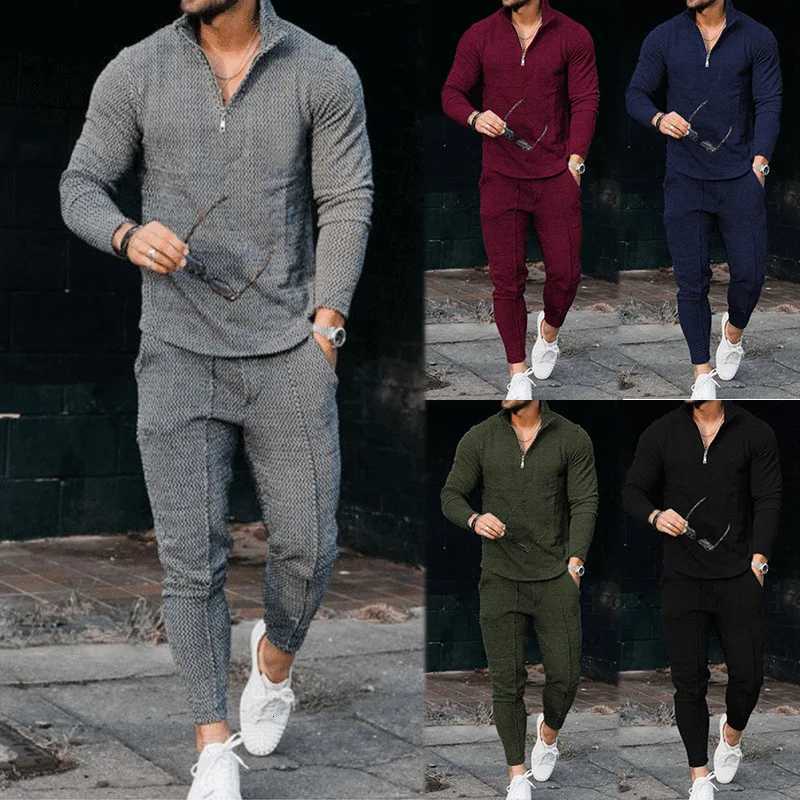 Autumn Men's Tracksuits Spring New Fashion Men's Solid Color Long Sleeved Sports Texture Set Casual Half Zipper Stand Collar 2 Pieces Tren
