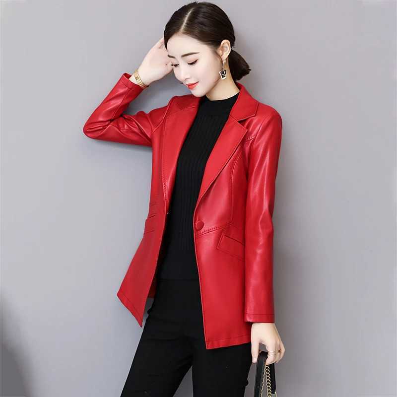 Leather Faux Women's Leather New Women Leather Jacket Autumn Winter Fashion Classic Single Button Slim Sheep Leather Blazer Spring Outerwear Si