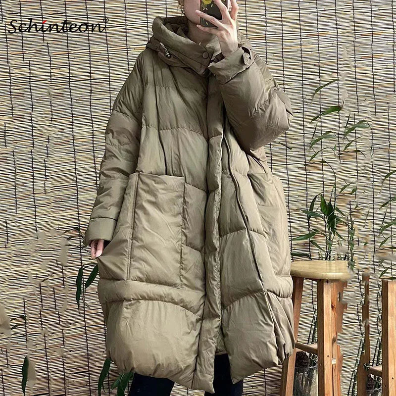 Schinteon Women White Duck Down Long Jacket with Hood Loose Over Size Coat Autumn Winter Warm Outwear Korean Style Big Pockets 260920