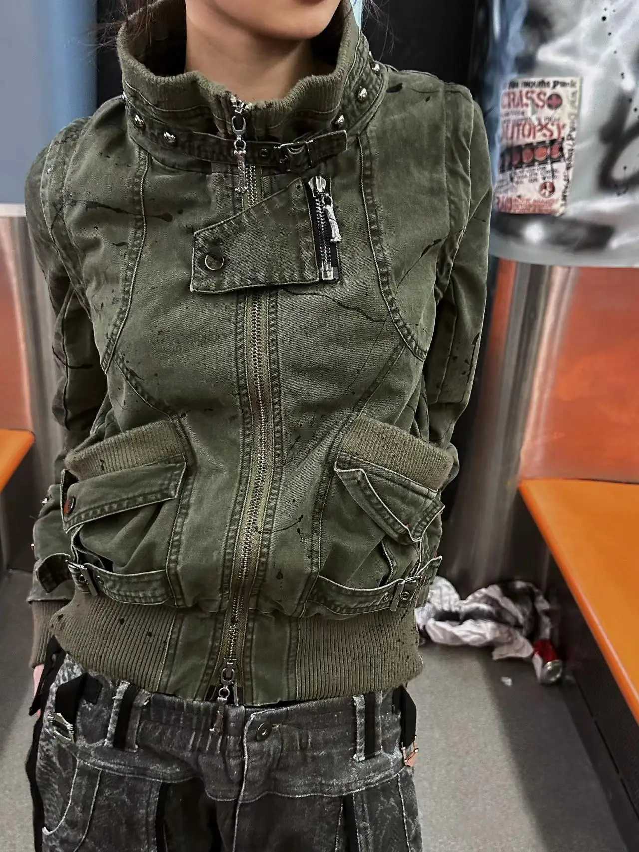 Giacche da donna Fulltide Design originale Autunno Inverno Due modi di indossare Giacca cargo lavata punk Verde militare Cappotto vintage retrò chic