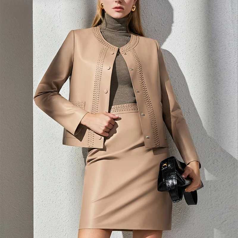 Faux Women's Leather Leather 100% First Layer Sheepskin Jackets for Women 2025 New Fashion Woven Design Chic Ladies Loose Short O-neck Real Lea