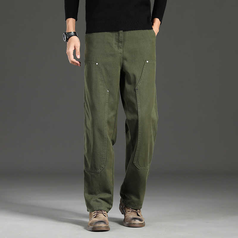 High Men's Jeans Quality Spring New Style Straight Loose Men's Casual Pants Rivet Splicing Safari Style Cotton Trousers Army Green Jeans T