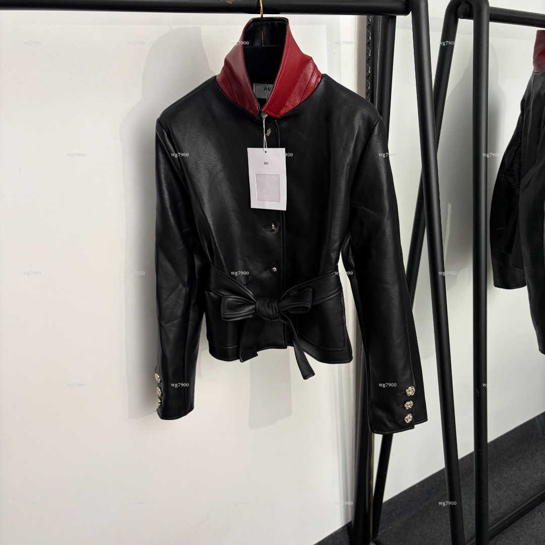 Top Contrast Stand Collar Leather Jacket Button Bow Belt Waist Slim Fit Short Vintage Coat women designer clothes Fall Elegant Outerwear A393X08N010