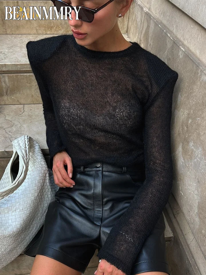 Women Thin Knit Sheer Pullover Casual Chic O Neck Long Sleeve Slim Fit See Through Blouse 2025 Summer Daily Street T-shirt 260921