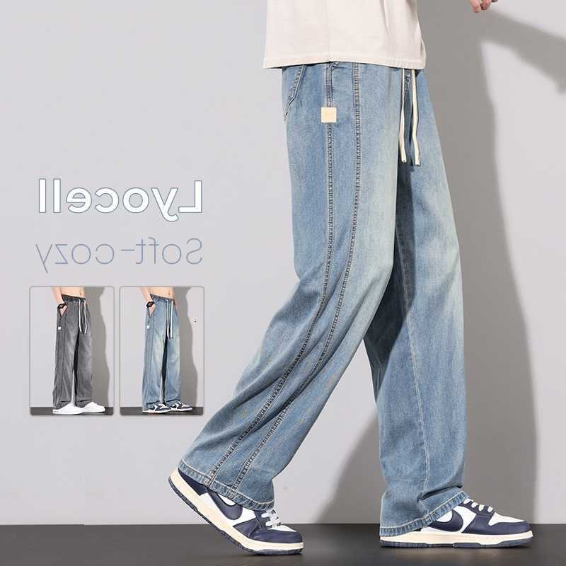 Jeans da uomo estivi Moda sottile Lyocell Jeans da uomo Casual con coulisse Pantaloni dritti Moda coreana Maschile Streetwear Pantaloni in denim T26