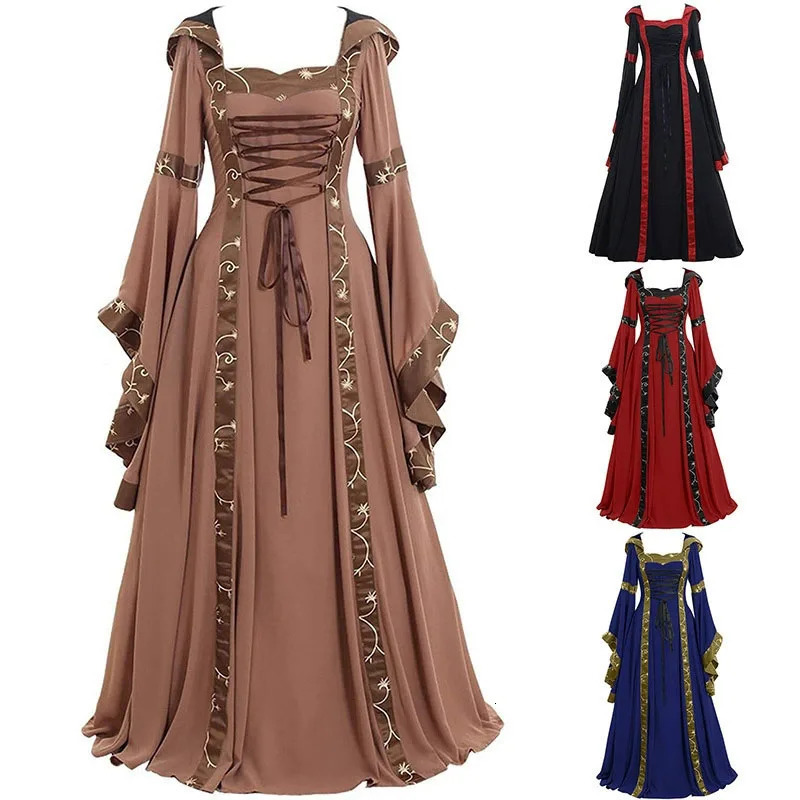 Vintage Medieval Maxi Dress for Women Gothic Bandage Flare Sleeve Floor Length Dress Lady Elegant High Waist Square Neck Dresses 260922