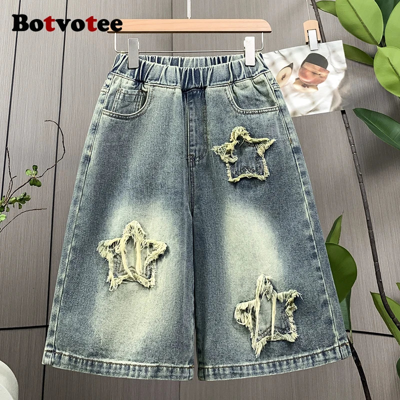 Botvotee Y2k Fashion Vintage Star Summer Denim Short Jeans for Women High Waisted Wide Leg M3XL Blue Shorts Streetwear 260915