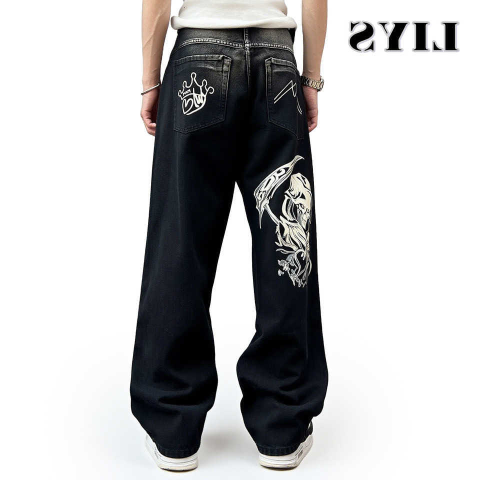 Jeans da uomo Street Skeleton Pattern Jeans dritti Pantaloni larghi Gamba larga ampia Pantaloni casual da uomo in denim Personalità Hip-Hop Pantalon