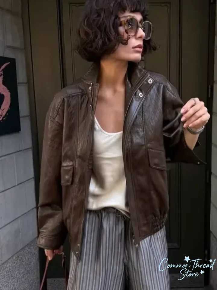 Faux Women's Leather Leather Women Vintage Dark Brown Leather Jacket Casual Stand Collar Zip Up Pocket Long Sleeve Loose Outerwear Street Wear