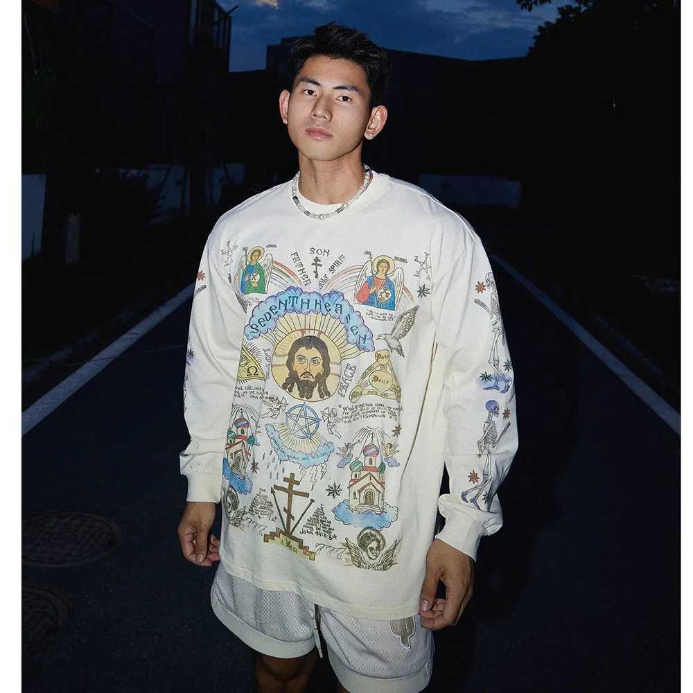High Men's Tracksuits American Street Graffiti Vintage Long SLeeve T-shirt Men's Loose Casual Hip Hop T Shirt Women Oversize Tshirt Tee J2