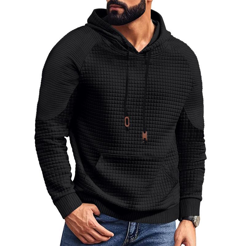 Mens Waffle Knit Hooded Sweatshirt Long Sleeve Drawstring Hood Kangaroo Pocket Raglan Sleeve Ribbed Cuffs Casual Pullover Hoodie