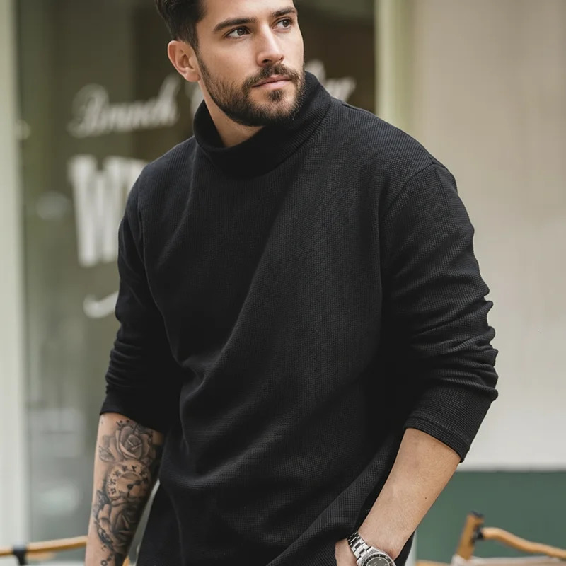 Maden Casual Gray Knitted Turtleneck Sweaters Mens Vintage 310g High Collar Waffle Pullovers Basic Fashion Black Warm Jumper 260922