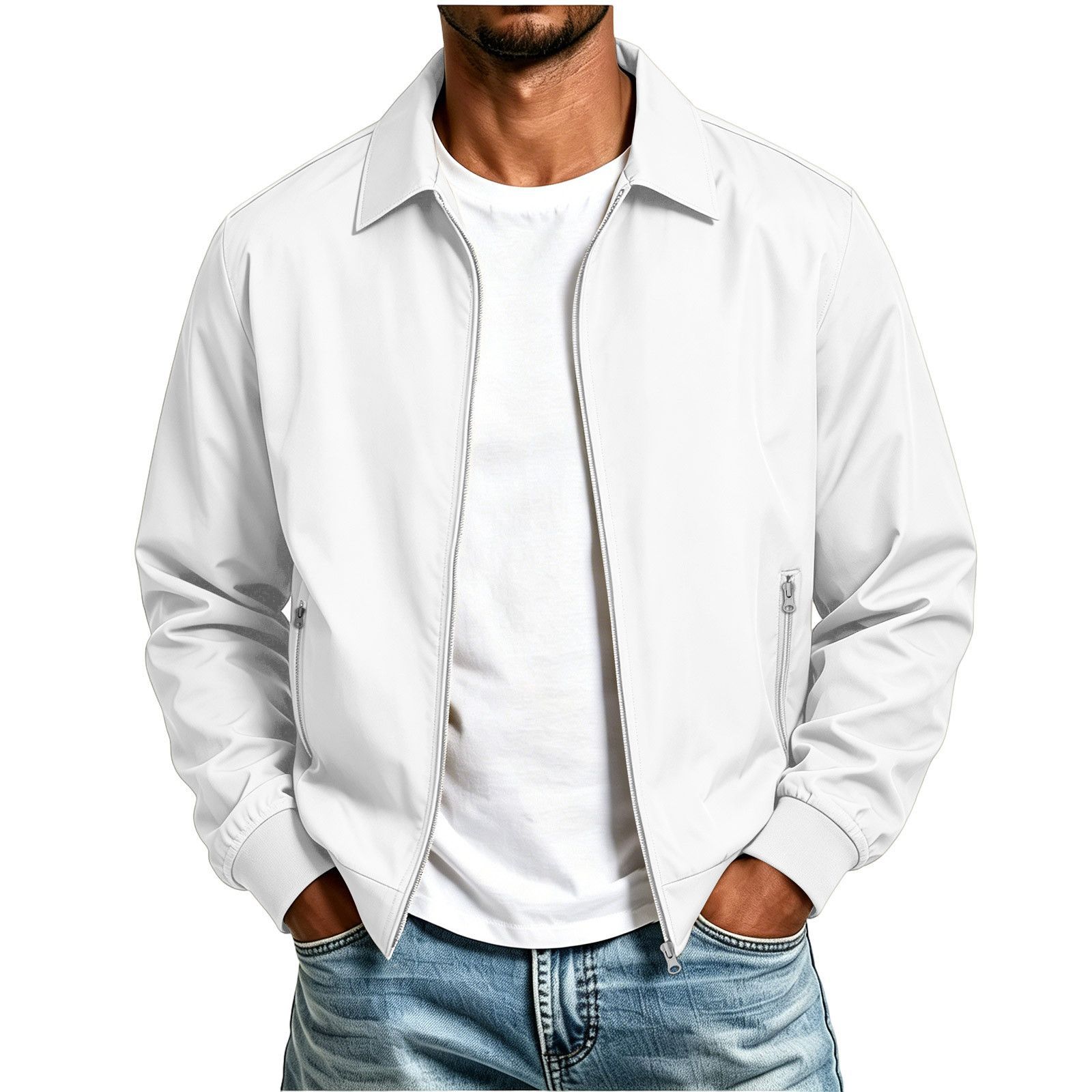 Men's Lapel Collar Casual Jacket Solid Color Windproof Zip Up Bomber Jacket Lightweight Short Outerwear for Spring Autumn
