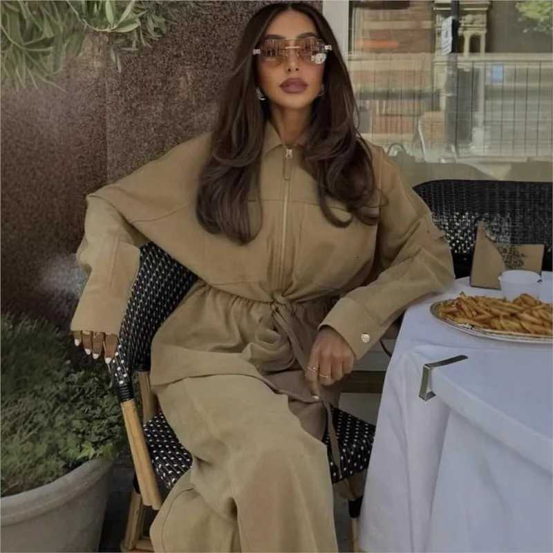 Sets Elegant Lapel Zipper Baseball Jackets+Drawstring Pants 2-piece Set Women's Autumn Causal Fashion Street Solid Color Set N260922