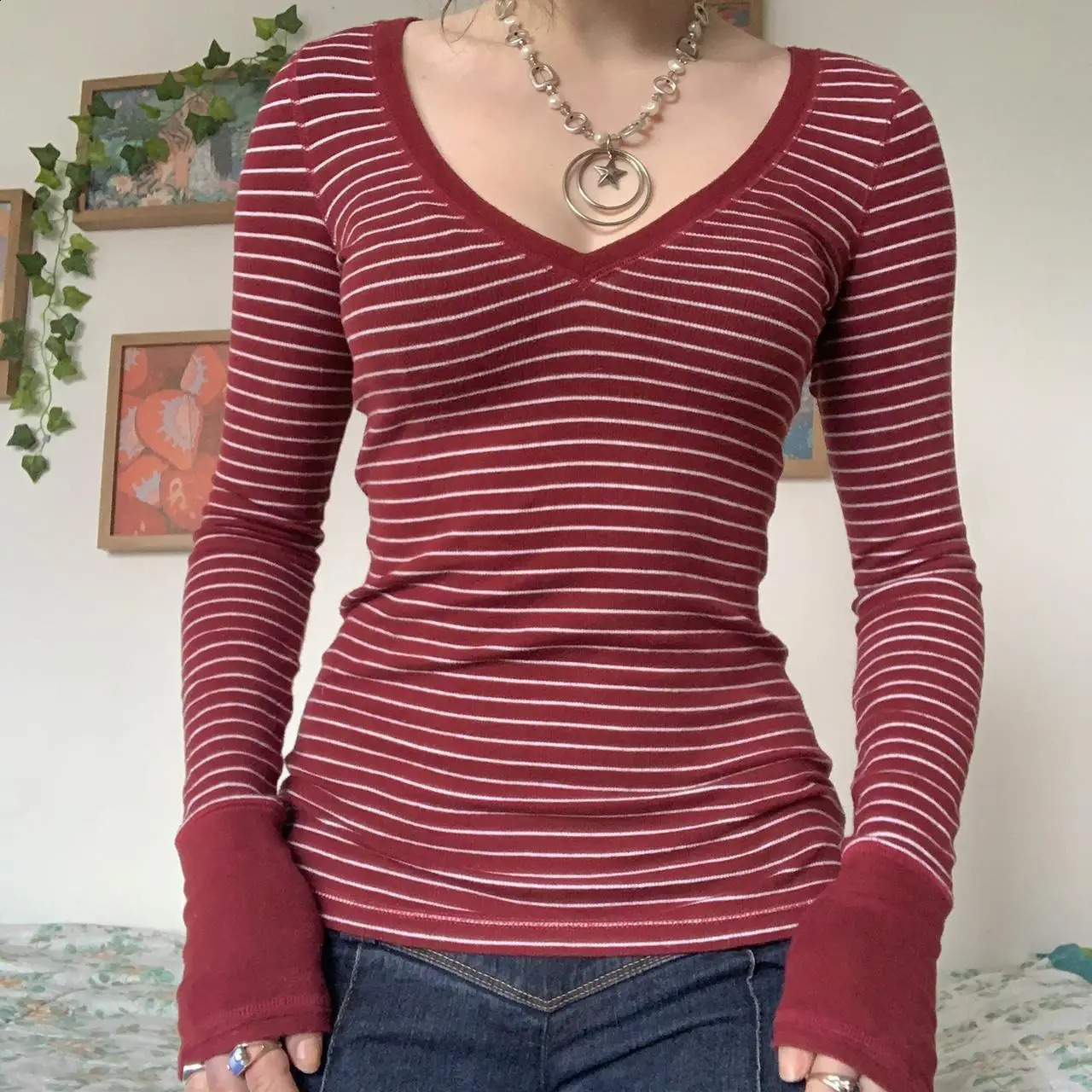 Womens Knit Long Sleeve Tee Shirt Striped V Neck Top Slim Fit Womens Basic Tees Going Out Tops Stylish Spring Fall Pullovers 260921