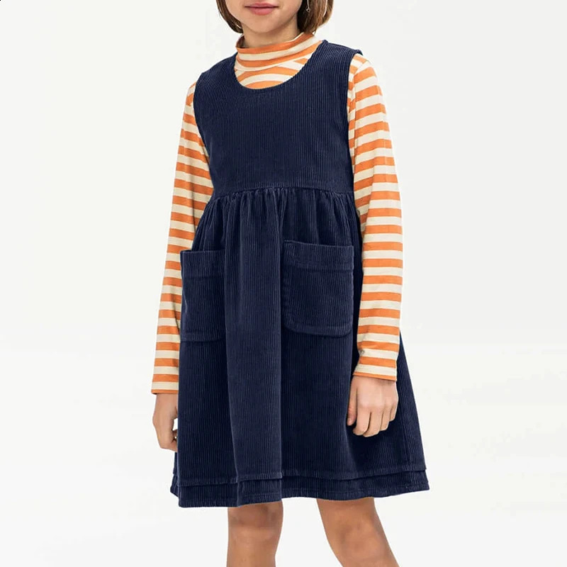 Chic Back Bow Tie Corduroy Dress for Girls Solid Color 2025 Autumn Winter Retro Ruched Sleeveless Dresses with Pockets 260901