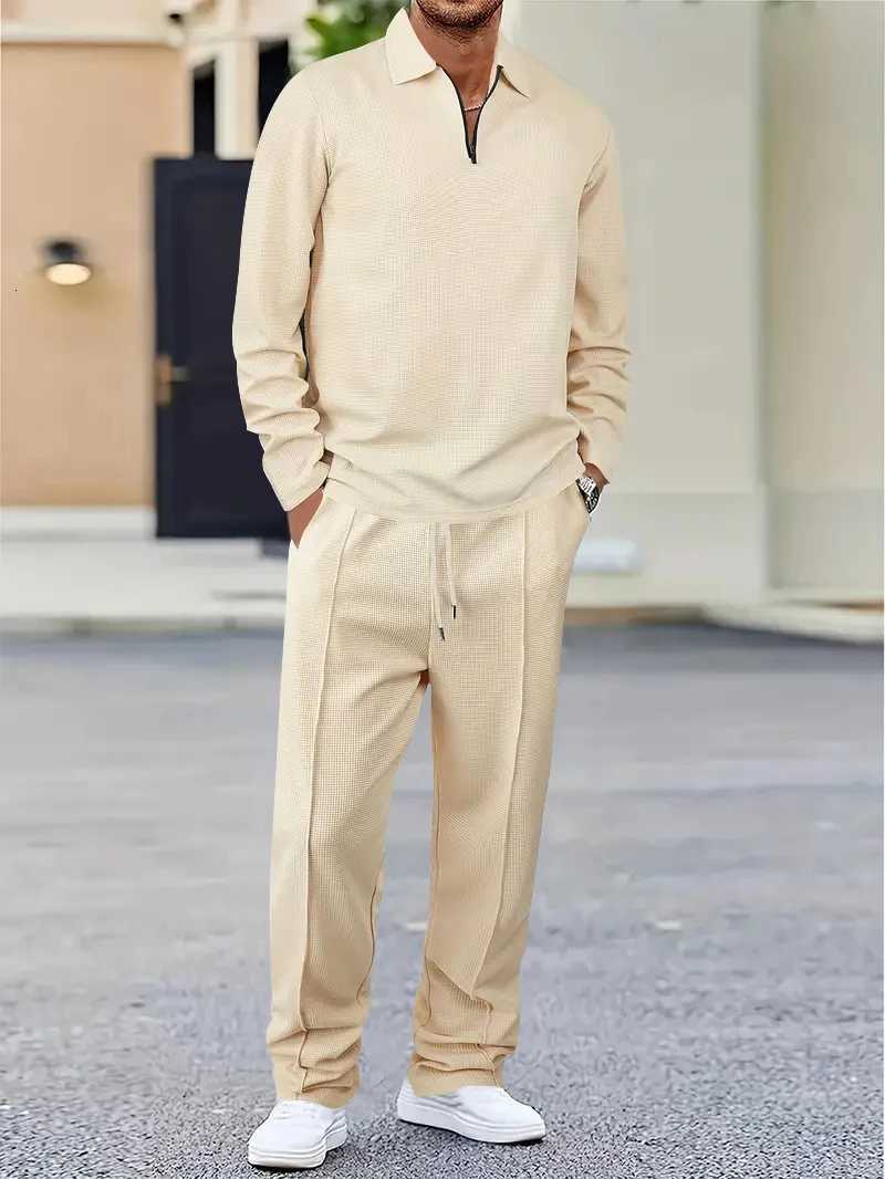 Spring New Men's Tracksuits And Autumn Fashion Men's Solid Color Waffle Leisure Suit Lapel Multi-Functional Loose Sportswear Men's Le