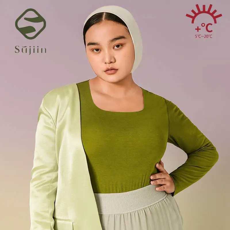 Underwear Women's Thermal SUJIIN Plus Size Thermal Underwear Tops for Women 2026 Autumn Winter Long Sleeve Square Neck Oversized T-shirts Top W