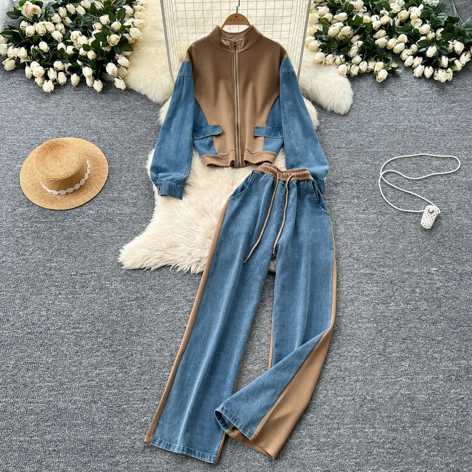 Pant Set Women Two Piece Sets Denim Stand Collar Matching Sets Casual Loose Tops Wide Leg Long Pants Lace Up Y2k Streetwear 260921