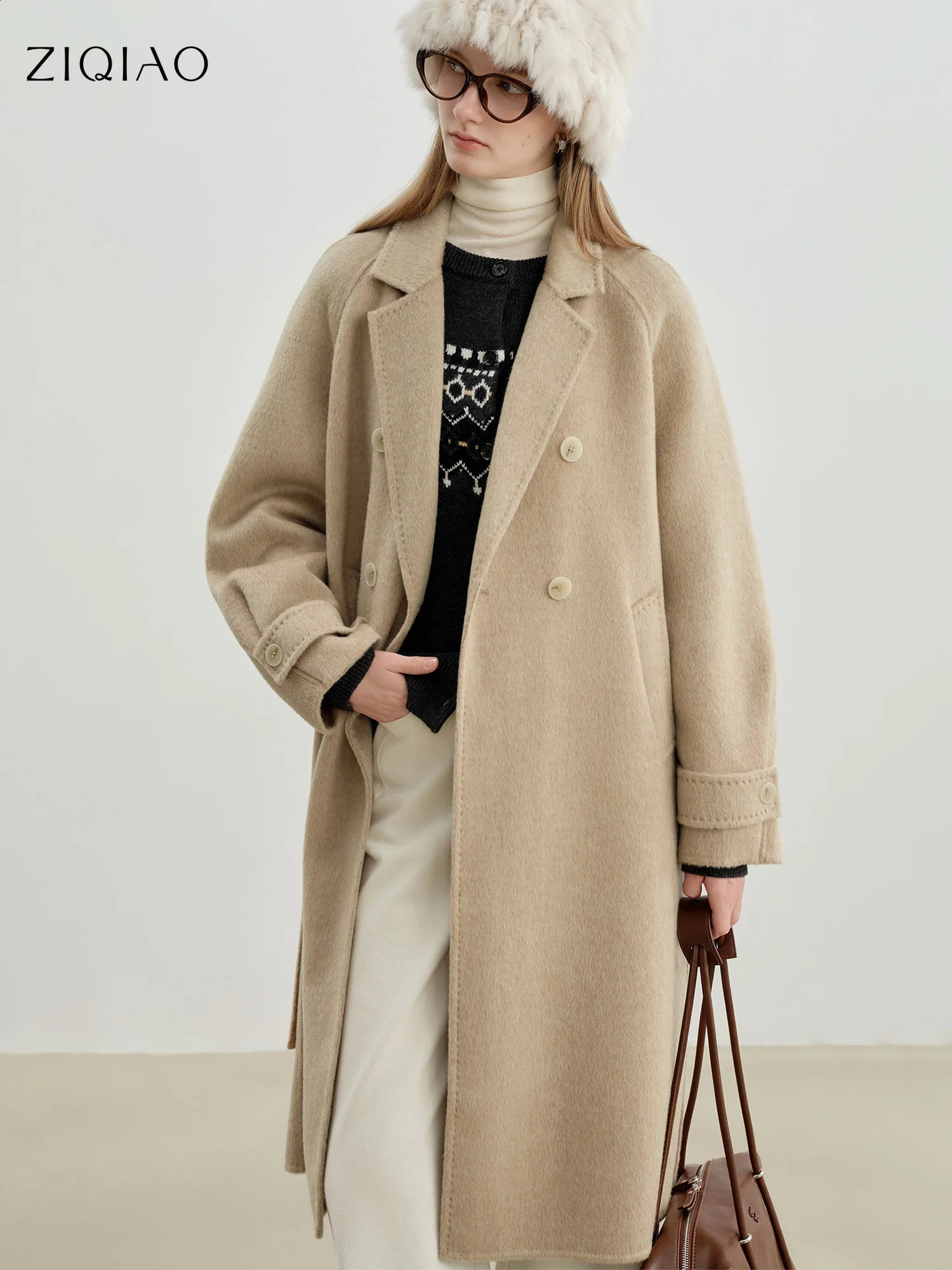 ZIQIAO Korean Style Blazer Collar Wool Coat Women 2025 Winter Woolen Coat Mid-length Loose Fit Casual Commuting Simple 260921