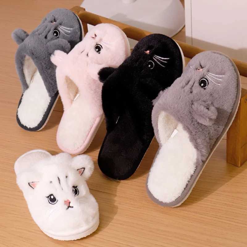 Winter Cute Cat Cotton Slippers Couple Funny Casual Soft Sole Slides Adults Indoor Floor Homewear Sandals Women Quiet Flip Flops T260922