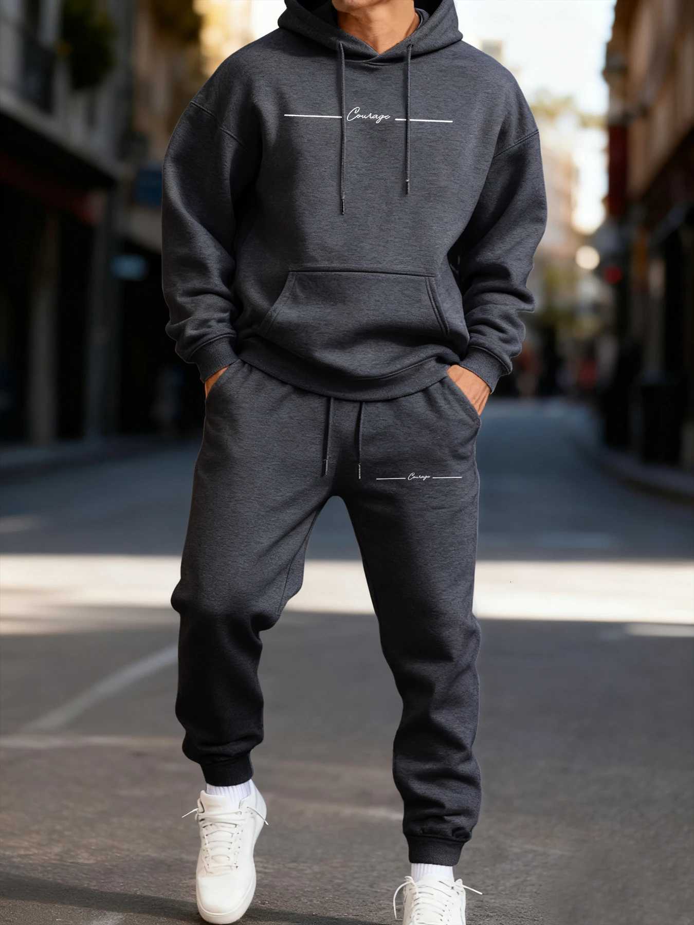 Tracksuits Courage Simple Men's Line Printed Men'S Hoodie Set Street Couple'S Two Pices Sets Comfortable Fashion Streetwear Jogging L