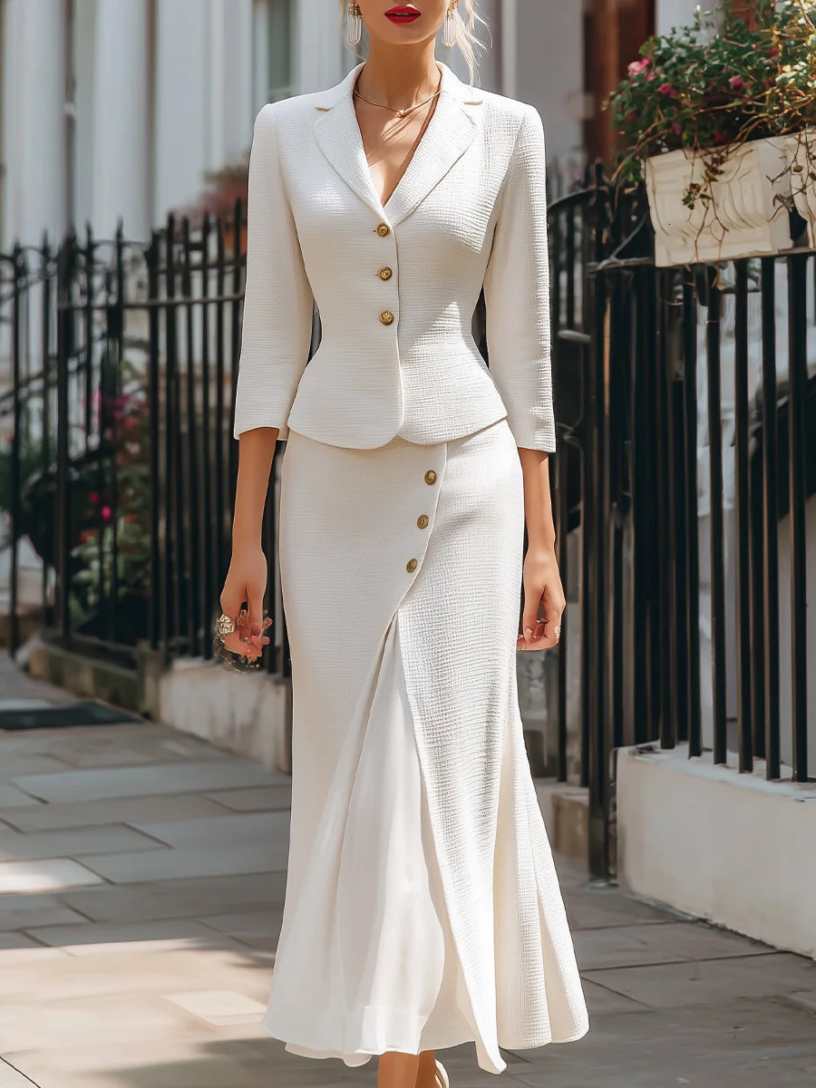 European And American Women's Fashion Autumn Winter Solid Color Single-Breasted Three-Quarter Sleeve Blazer Long Dress Button Split Skirt Set W