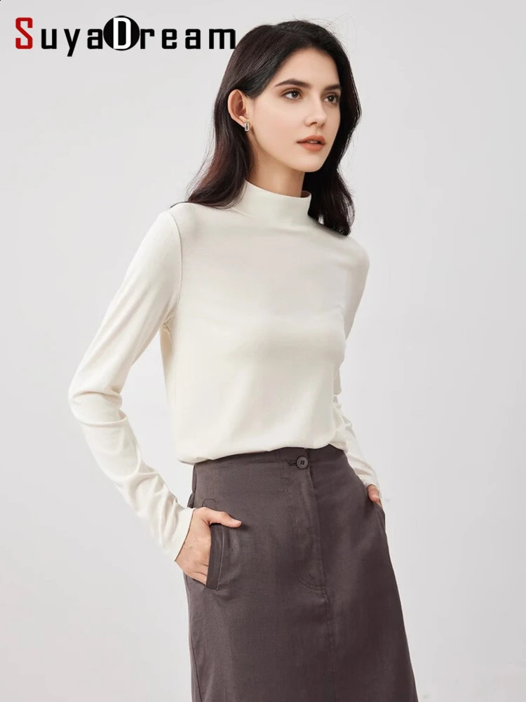 SuyaDream Women Bottoming T Shirt 28%Wool 37%Cotton Long Sleeves Solid Basic Thermal Shirt 2025 Autumn Winter Top 260921