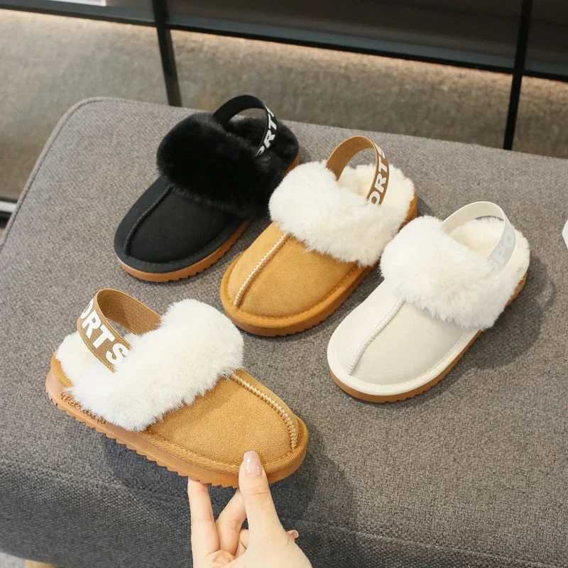 Children Toes Wrapped Plus Kids Classic Slippers Winter Anti Slip Thick Soled Girls Fur Cotton Shoes Britain Style T260922