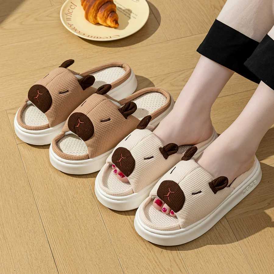 Summer Women's Flax Soft Thick Sole Home Slippers Indoor Cute Cartoon Anti-slip Wear-resistant Fashion Men Leisure Shoes T260922