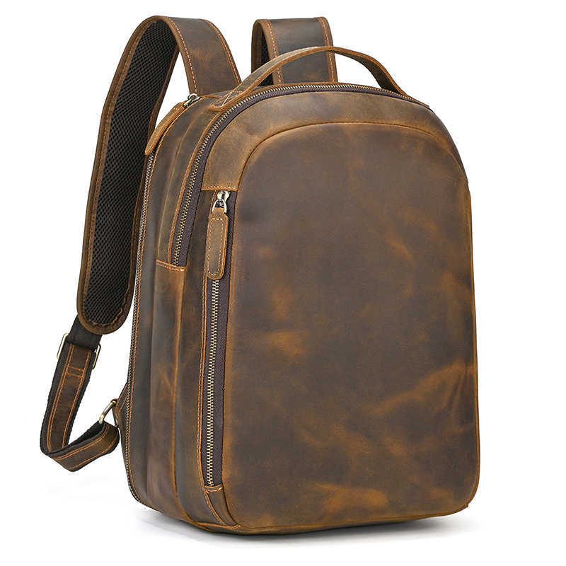 Leather Backpack Genuine Style Backpack Men's Crazy Horse Leather Schoolbag Multifunction Daypack Leather Bag for Men H260922