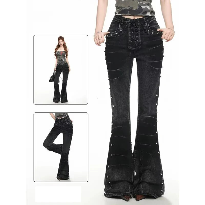 Y2K Washed Jeans Gothic Retro Micro Flared Double Waisted Lace Up Pants Women Streetwear High Quality n Sense Trousers 260921